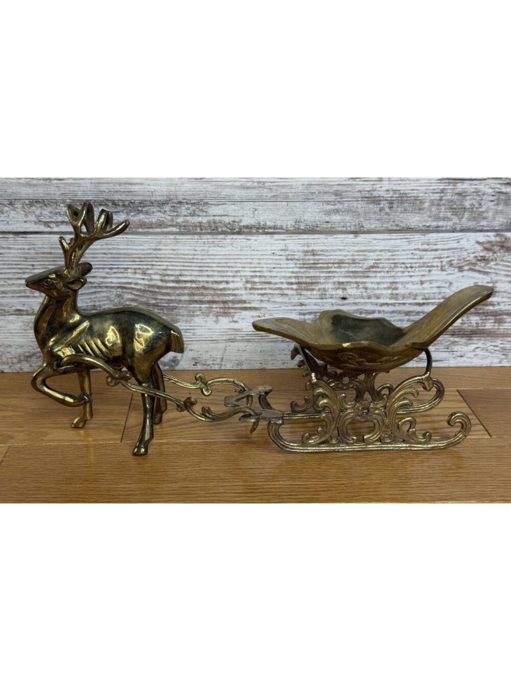 Vintage Brass Reindeer Pulling Sleigh Candy Dish Christmas Decor 5pc Heavy